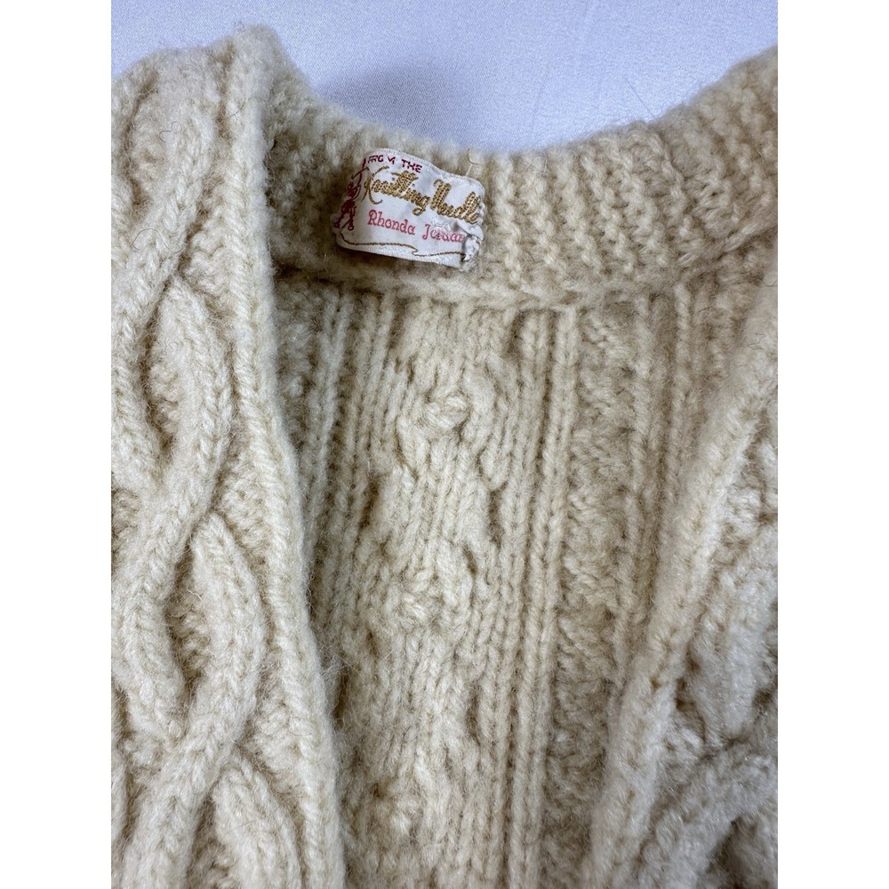 Handmade Vtg Cable Knit Cardigan Sweater Womens Sz Medium Grandma Knitting Ivory - Picture 5 of 10